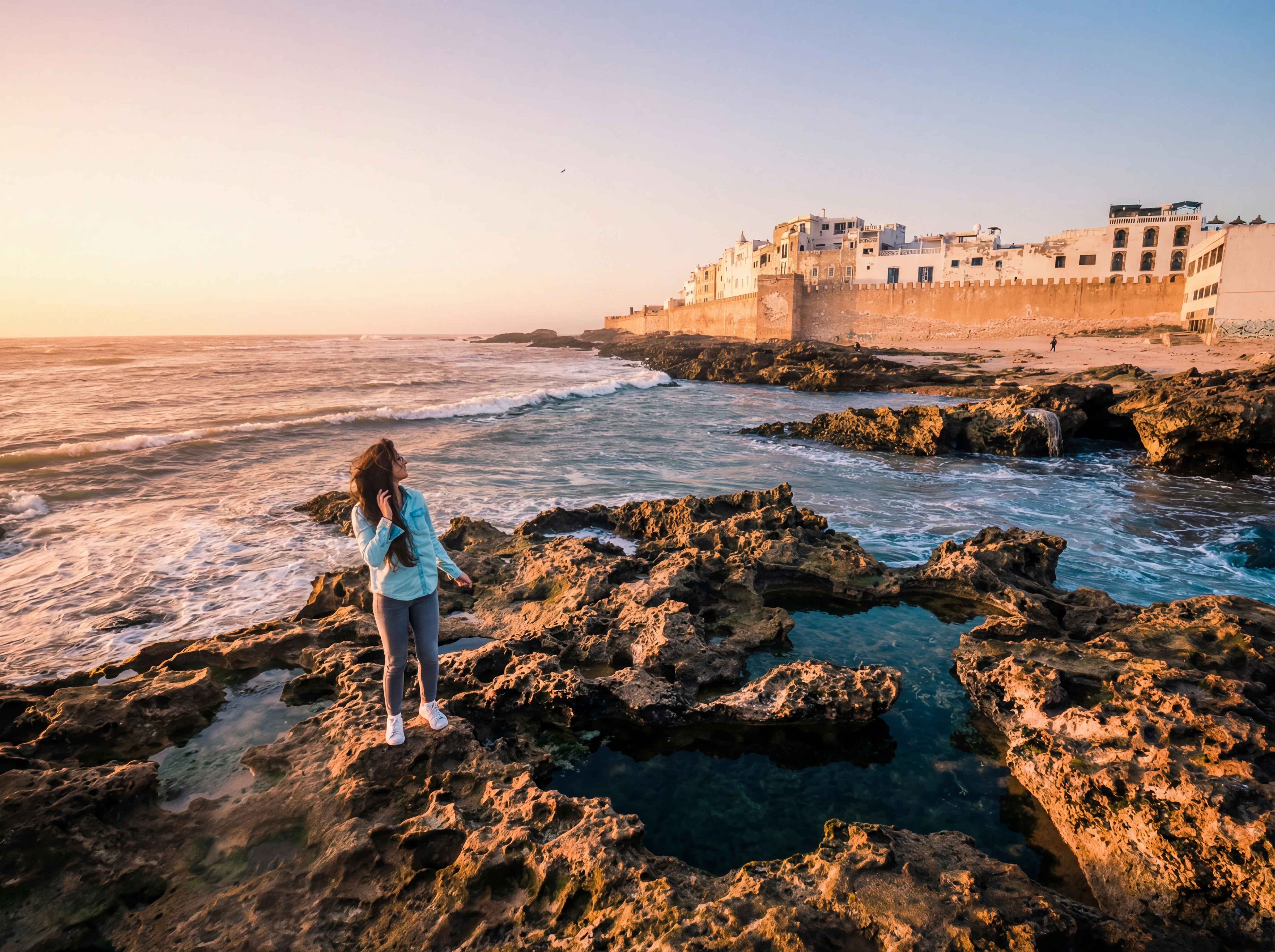 Essaouira medina with blue and white buildings and Portuguese ramparts overlooking the Atlantic Ocean